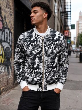 Bourbon Summer Cartoon Crisis Black White Graphic Bomber Jacket Size Large